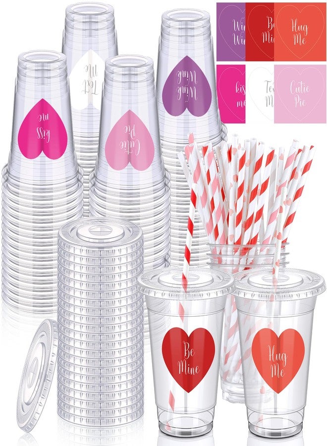 SiliFine 36 Sets Valentines Day Party Cups with Lids and Straws Heart Stickers Plastic Clear 12oz Valentine's Day Disposable Cups for Coffee Juice Drinks Valentines Party Supplies - Image 1